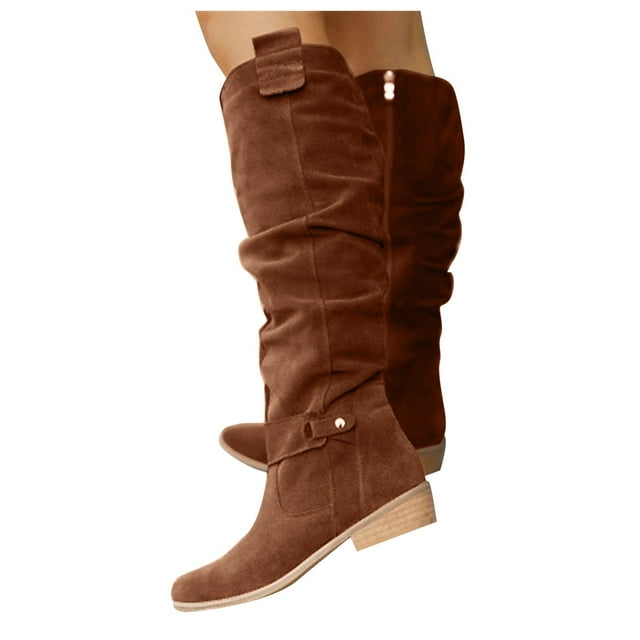 Leozcaa Women's Slouchy Knee High Boots with Chunky Low Heel Pointed Toe Comfortable Fall Winter Boots