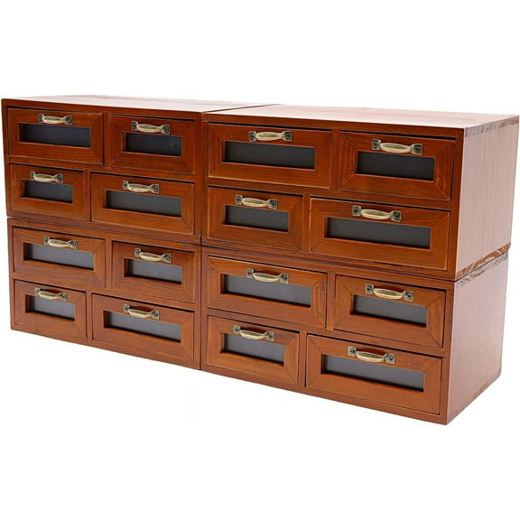 4 Pack 16 Drawers Vintage Wooden Desk Drawer Organizer Tabletop Chest for Home Office