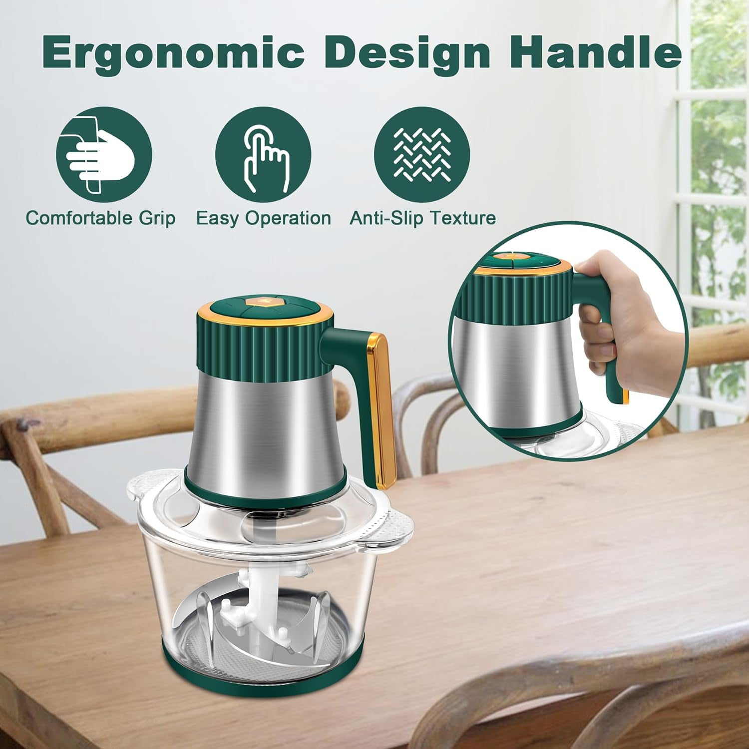 Food Processor, Meat Grinder with 2 Bowls (8 Cup+8 Cup), 5 Speed Modes Electric Food Chopper with 2 Sets Stainless Steel Blades, Kitchen Mincer for Meats Vegetables Fruits Baby Food, 300W (Green)