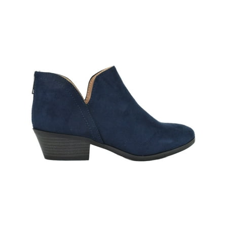 SODA - Mafic Navy Blue Suede Booties Soda Women Ankle Boots Small Short Heel Back Zipper Side