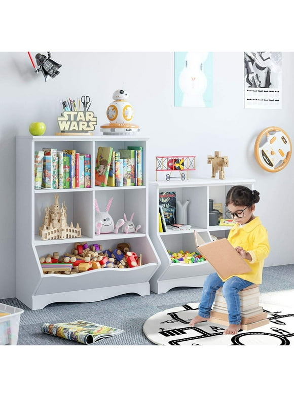 Homfa Kid's Cubby Toy Storage Cabinet, Wood Toy Organizer of 5 Bins, Children's White Bookcase, Toy Chest for Bedroom Living Room