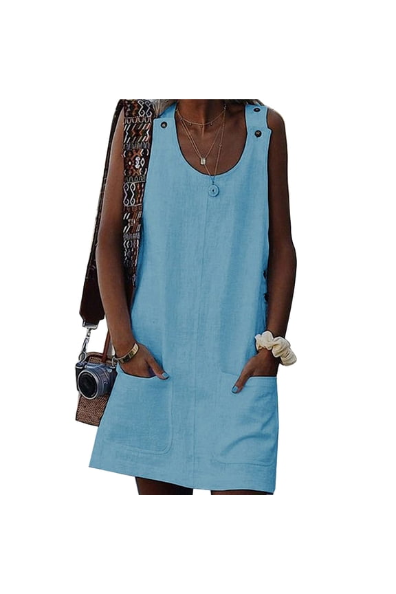 HEVIRGO Beach Casual Women Solid Color Pocket Mini Dress Sleeveless Button Sundress