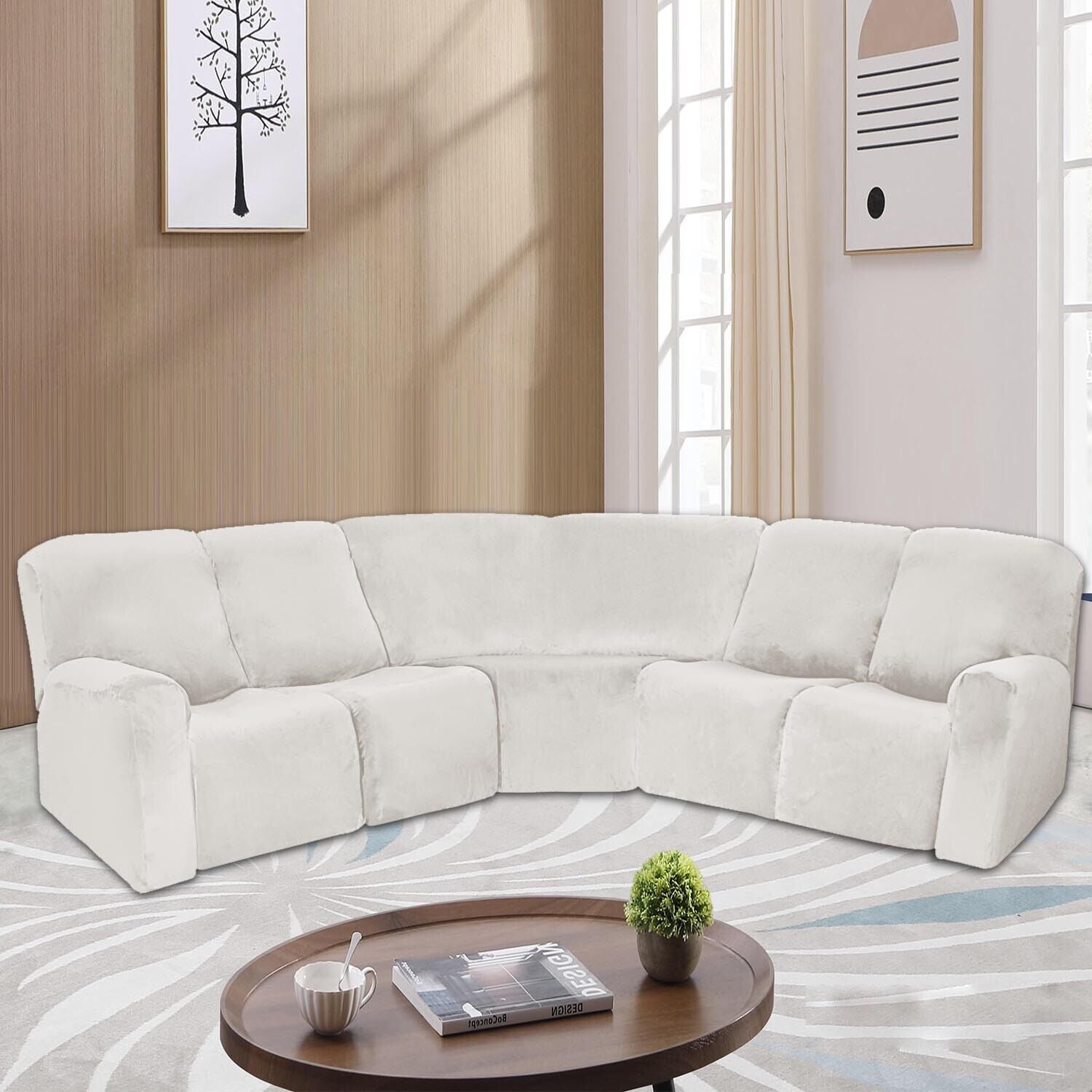 TOPCHANCES Velvet Recliner Sofa Covers, 5 Seat Corner Sofa Covers Stretch Furniture Protector Including 2 Arm Pieces, 4 Seat and Backrest Pieces and 1 Corner Piece, Ivory
