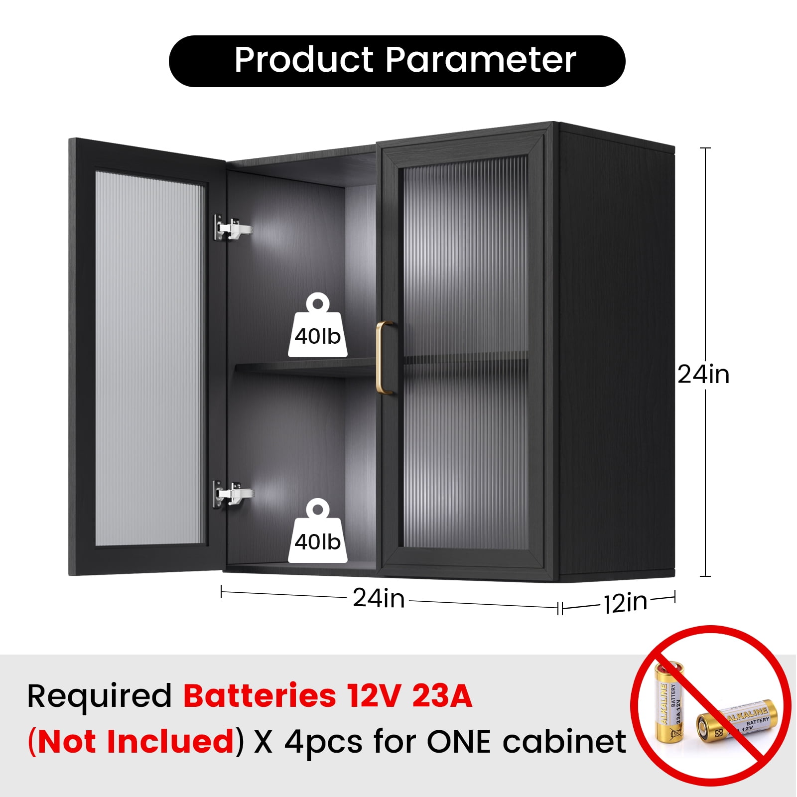 LED Wall Storage Cabinets - Upper Kitchen Cabinets Laundry Wall Mounted Cabinets with 2 Acrylic Glass Doors and Shelf, in Black