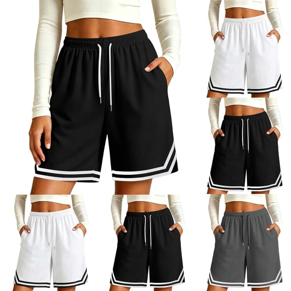 Womens Shorts Elastic Waist Basketball Shorts with Striped Trim and Pockets Daily Wear