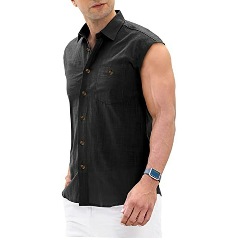 Mens Dress Shirts Black Dress Shirts for Men Men's Summer Cotton Linen Solid Color Casual Sleeveless Shirt Teacher Shirts,Black,XXL, Size: 2XL