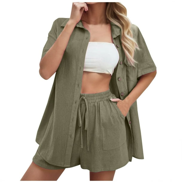 Conjunto de 2 piezas para mujer con camisa con solapa y pantalones cortos: color liso, traje informal de verano, poliéster, corte ajustado, tallas S-XL, ropa para vacaciones/fiestas