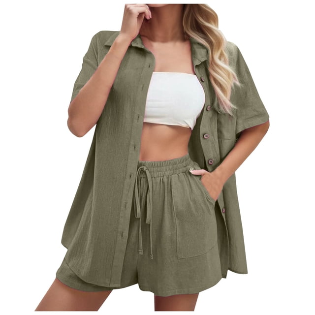 Conjunto de 2 piezas para mujer con camisa con solapa y pantalones cortos: color liso, traje informal de verano, poliéster, corte ajustado, tallas S-XL, ropa para vacaciones/fiestas