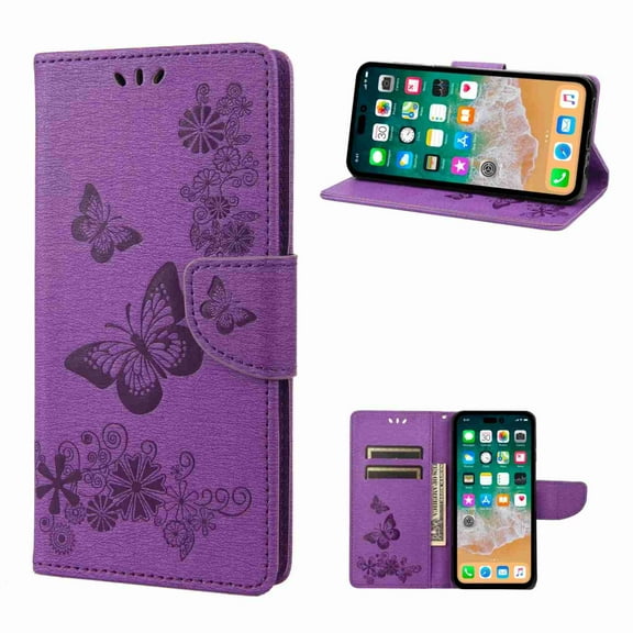 Decase Wallet Pocket Slim Card Case for Apple iPhone 11 Pro Max, Shockproof Kickstand Wrist Strap Butterfly Floral Embossed PU Leather Flip Cover,purple