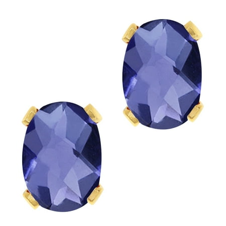 1.30 Ct Oval Checkerboard Shape Blue Iolite Yellow Gold Brass Stud Earrings