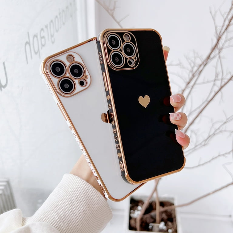 Teageo for iPhone 12 Pro Case for Women Girl Cute Love-Heart Luxury Bling  Plating Soft Back Cover Raised Full Camera Protection Bumper Silicone