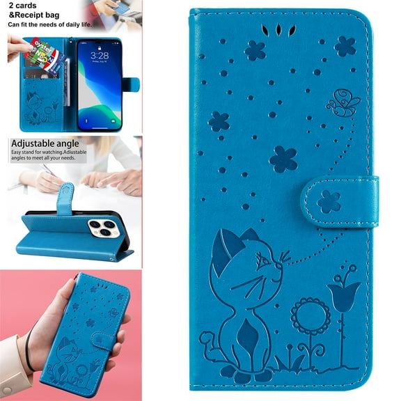 SaniMore for iPhone 14 Pro 6.1" 2022 Case, PU Leather Skin with Embossed Cat Flip Magnetic Cover Card Slots Kickstand Detachable Lanyard Full Around Wallet Case For iPhone 14 Pro, Blue
