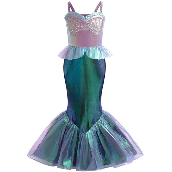 Wangsaura Little Girls Mermaid Costume Deluxe Sleeveless Dress Sea Princess Cosplay Outfit for Birthday Party