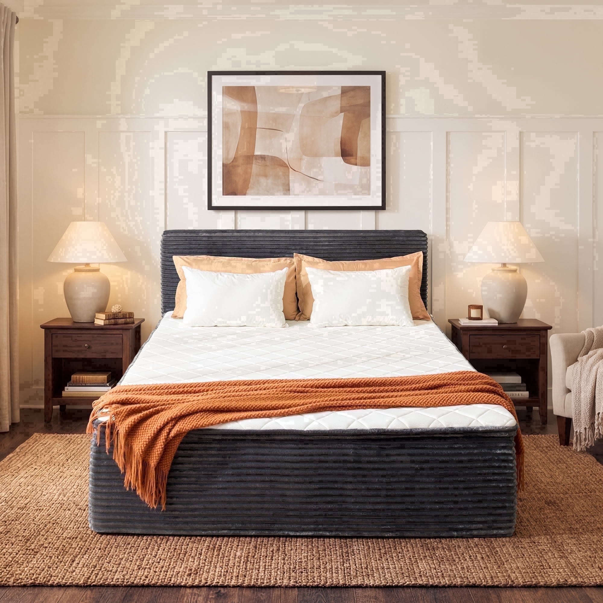 Ovios Queen Hybrid Mattress in a Box with Headboard, 16.7" All-in-One Upholstered Boneless Bed Furniture, No Bed Frame Needed, Medium Firm, Grey