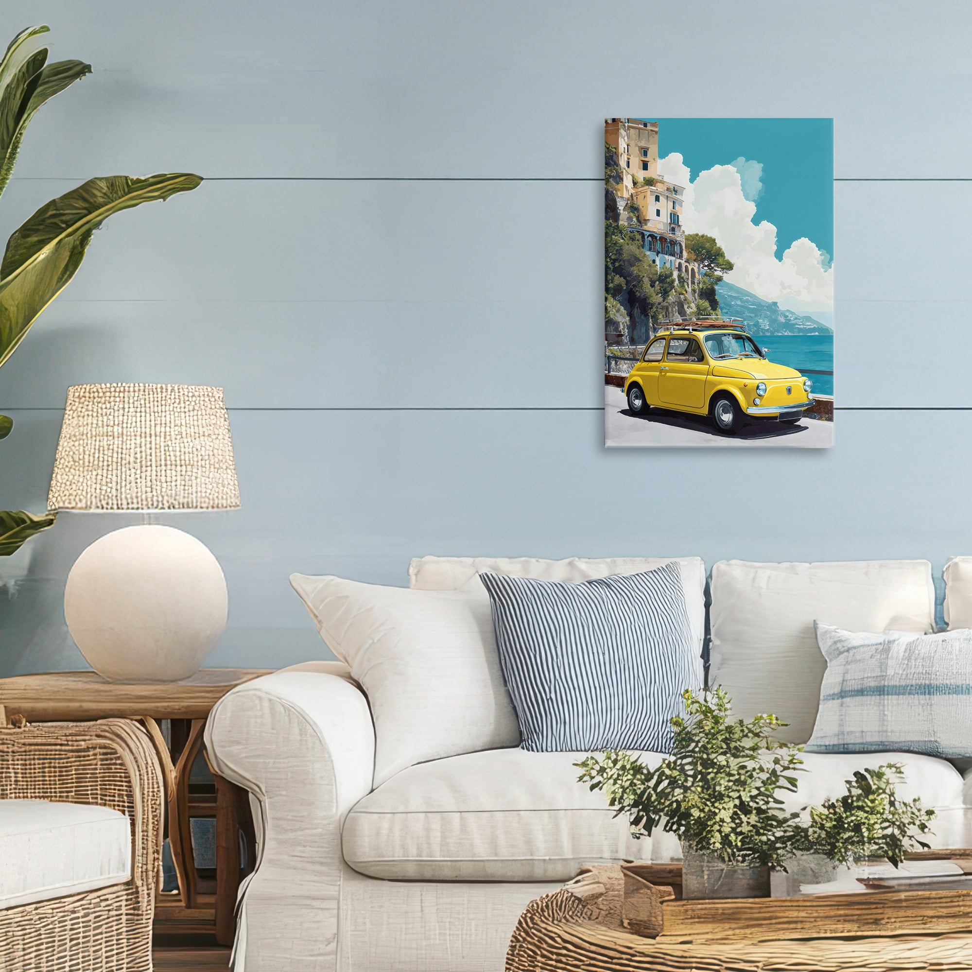 Stupell Industries Yellow Car on Coast Canvas Wall Art, design by Petal Prints Design