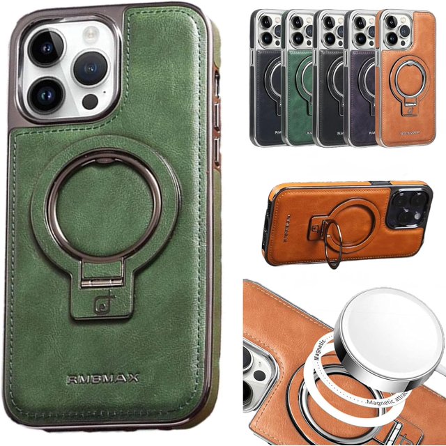 OSEVIO Luxury Leather Invisible Stand Phone Case, Transmitg Premium Luxury Leather Invisible Stand for iPhone Case15/14/13/12 Pro Max, with Magnetic Invisible Ring Stand (for lphone 12 Pro,Green)