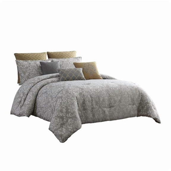 Benzara  8 Piece Queen Polyester Comforter Set with Medallion Print  Gray and Gold - 96 x 96 x  14