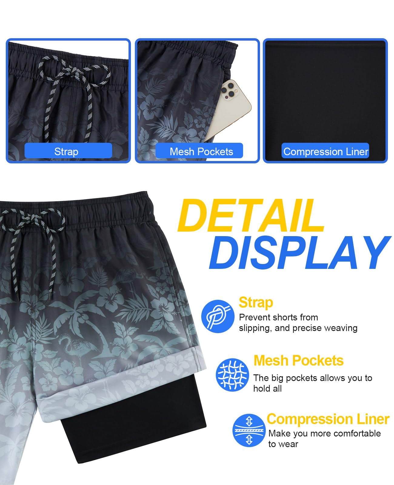 Aideaone Mens Swimming Trunks with Compression Liner Swim Shorts 7 inch Quick Dry Bathing Suit Anti Chafe Boardshorts