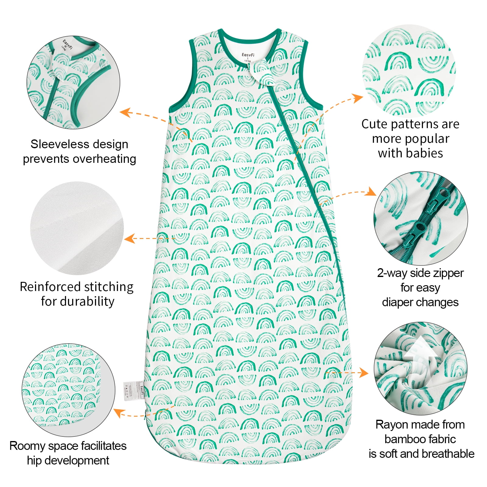 All-year-around Cute Baby Sleep Sack 6-12 Months Rayon Made from Bamboo Sleeping Bag 1.0 Tog Premium 2-Way Zipper Baby Wearable Blanket - Green Rainbow