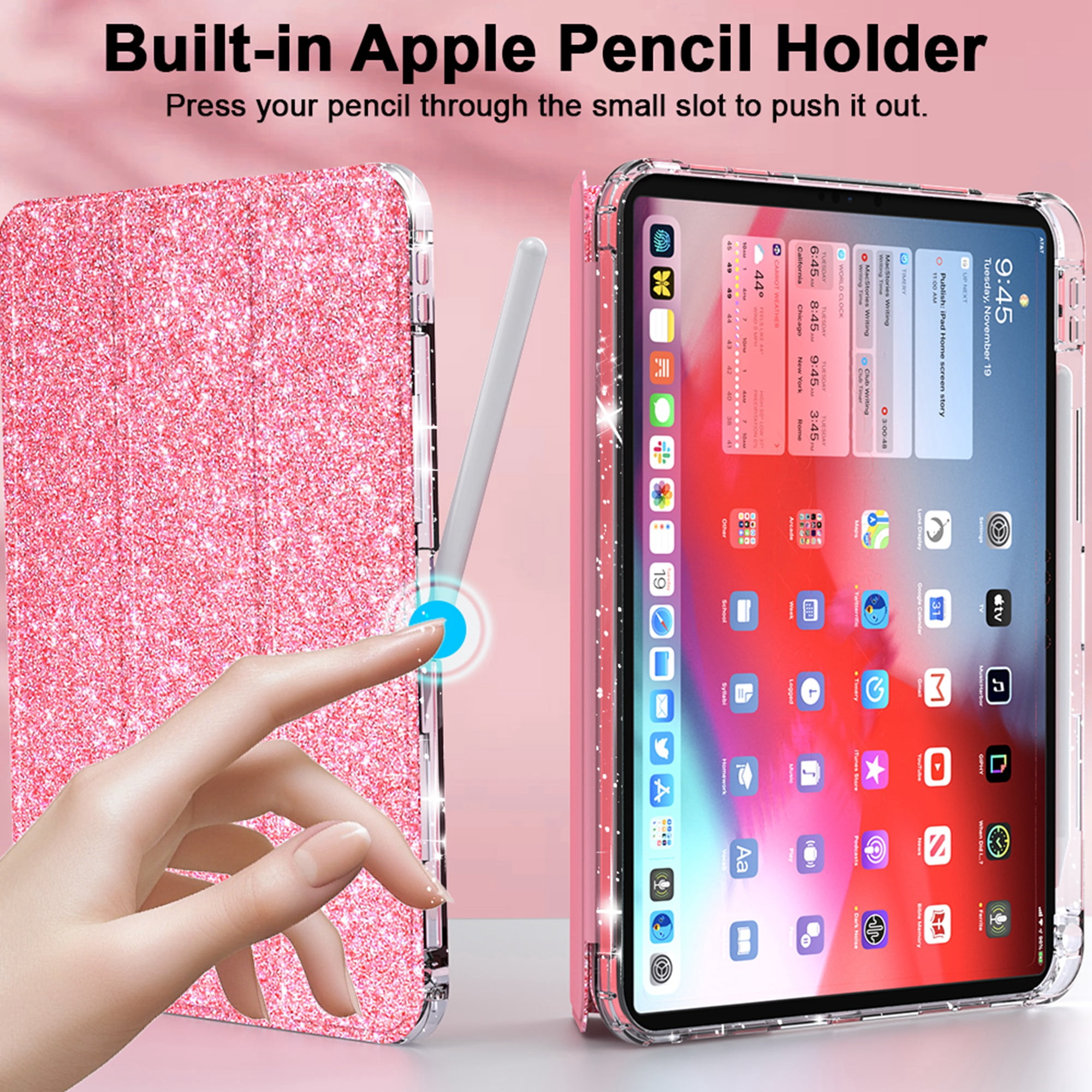 Dteck Smart Case for iPad iPad (A16) 11th Generation 11-inch 2025, iPad 10th Generation 10.9-inch 2022,Glittering Sparkly Shockproof Cover with Sparkly Crystal Clear Back and Pencil Holder,Pink