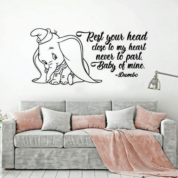Rest Your Head Close To My Heart Never To Part Baby Of Mine Cute Baby Dumbo Portrait Silhouette Quote Wall Decal Wall Art Kids Room Bedroom Nursery Room Vinyl Wall Art Wall Sticker Size (30x30 inch)