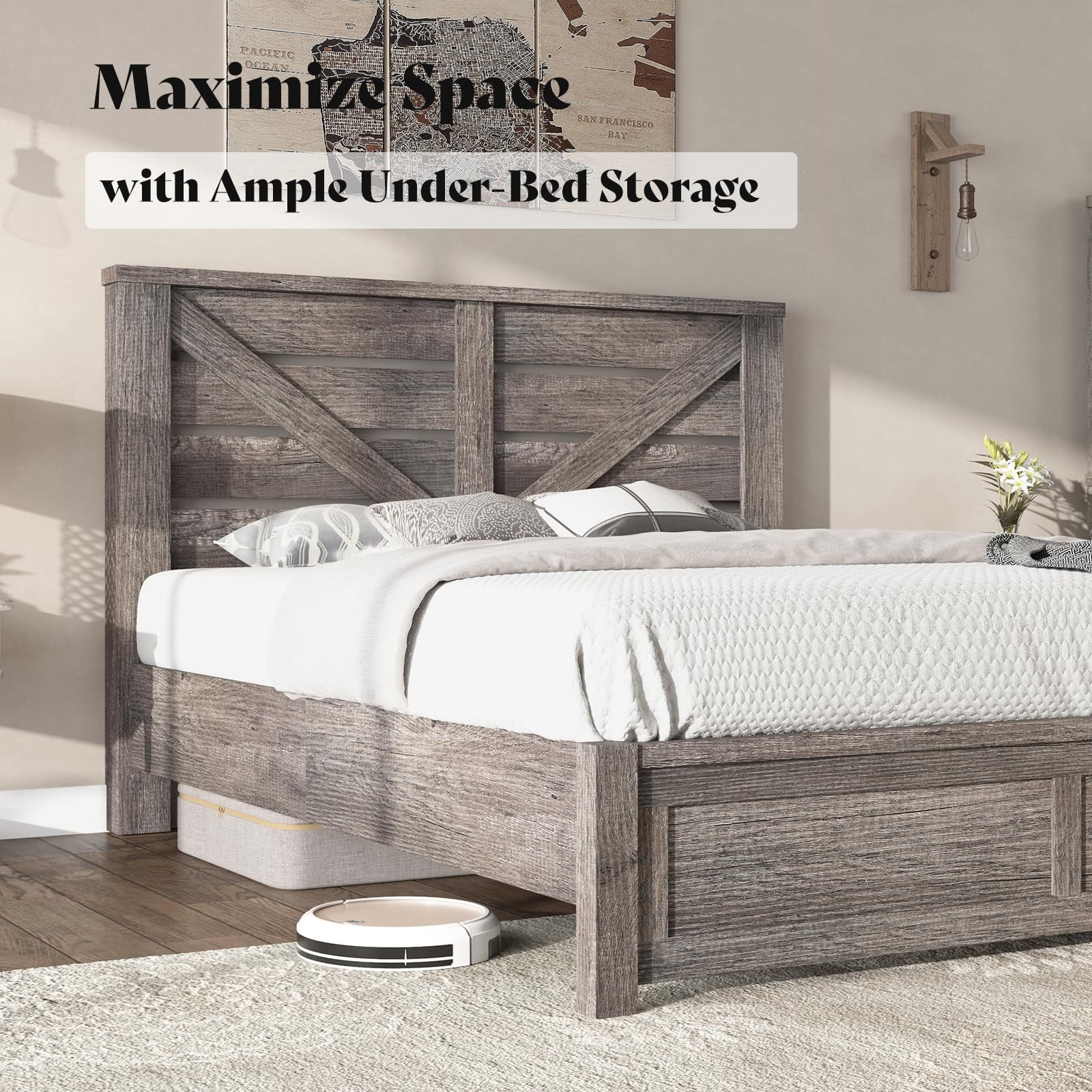 Papajet Queen Size Farmhouse Bed Frame with Barn Door Headboard, Wood Slats and Storage Space, Grey
