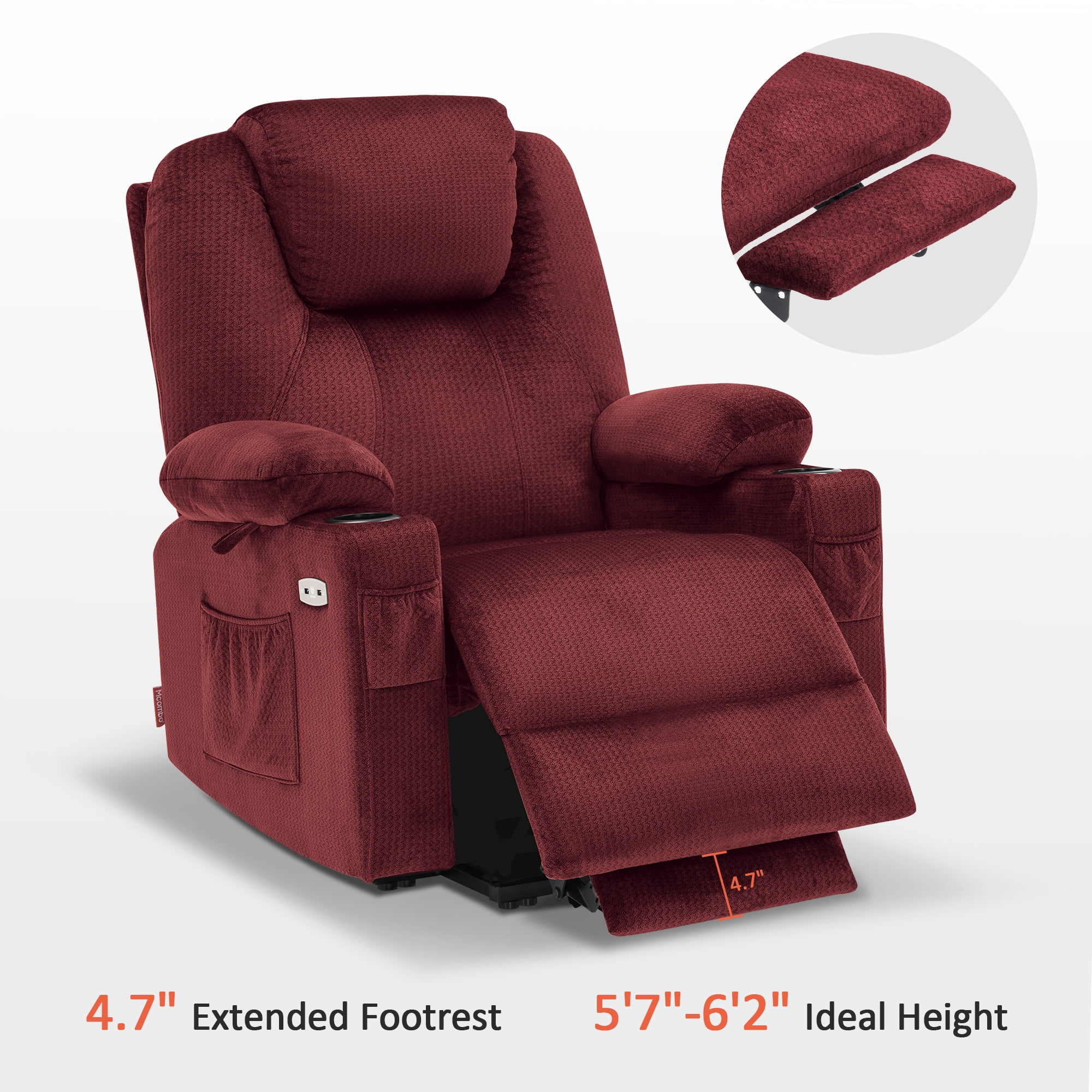 MCombo Large Power Lift Recliner Chair Sofa with Massage and Heat for Big and Tall Elderly People, 3 Positions, Cup Holders, and USB Ports, Extended Footrest, Fabric 7516(Large,Carmine Red)