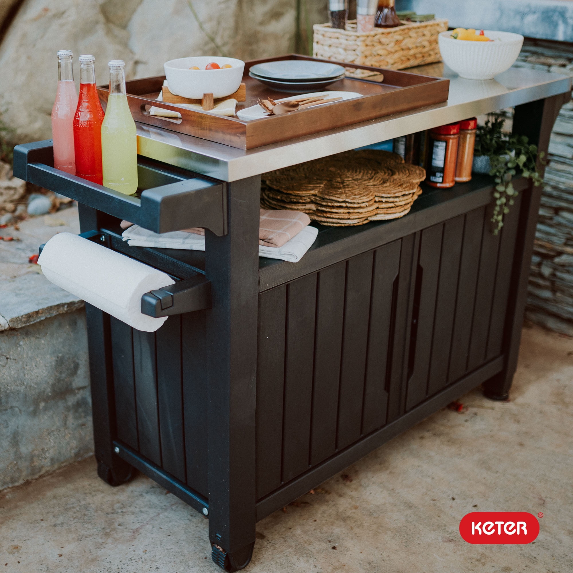 Keter Unity XL Outdoor Durable Kitchen Rolling Bar Cart with Storage Cabinet, Brown