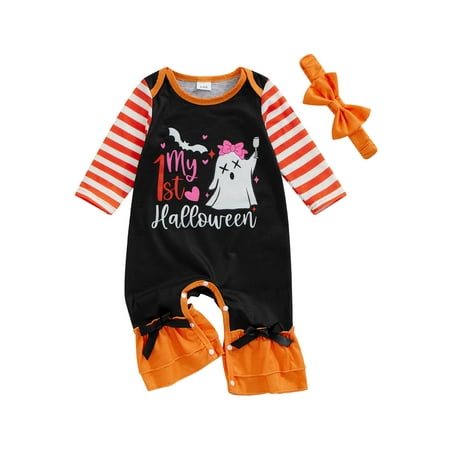 

SANSIWU Newborn Baby Girls Halloween Outfits Striped Long Sleeve Ghost Print Jumpsuit with Headband