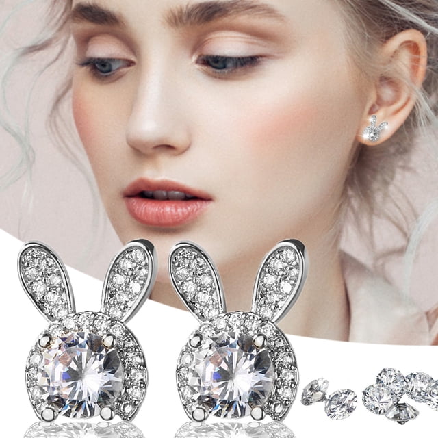 Rabbit Earrings Silver Full Rhinestone Easter Rabbit Jewelry Mini Rhinestone Accessories for Celebrations