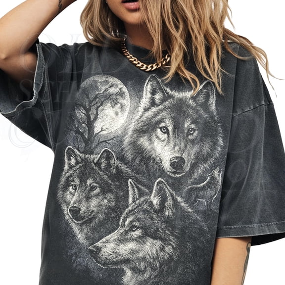 Wolf Vintage 90S Graphic Style Tshirt, Grunge Retro Wolf Faded Tee, Wild Nature Wolf Howling Moon Y2K Gothic,2000S Wolf Gift DARK HEATHER Unisex S-5XL Hot Trending Shirt, Vintage Birthday Gift