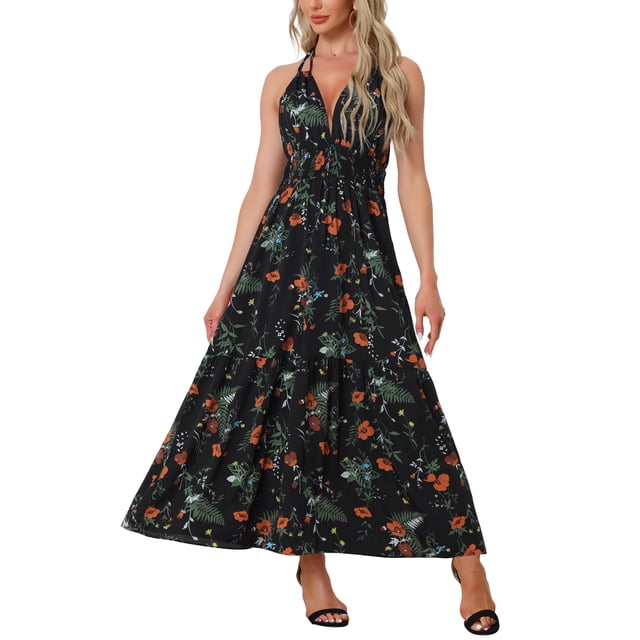 INSPIRE CHIC Halter Neck Boho Dress para mujeres sin mangas con cintura elástica, vestidos maxi florales, vestido de verano negro XS
