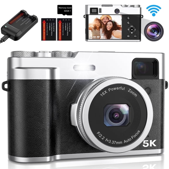 5K Digital Camera for Photography WiFi Autofocus 48MP with Dual Lens Flash Auto-Focus with 18X Zoom & 32GB SD Card for Kids Teens Adult, Black