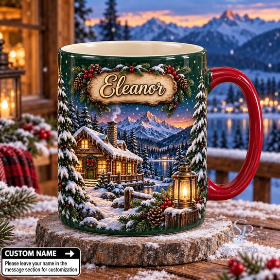 Personalized Christmas Cabin Accent Mug with Custom Name for Holiday Coffee Gifts