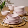 thumbnail image 3 of Gibson Home Candy Skies 12 Piece Unbreakable Wheat Straw Melamine Plates and Bowls Dinnerware Set - Outdoor, Camping, & Everyday Use - Matte Exterior/Shiny Interior Pink, 3 of 10