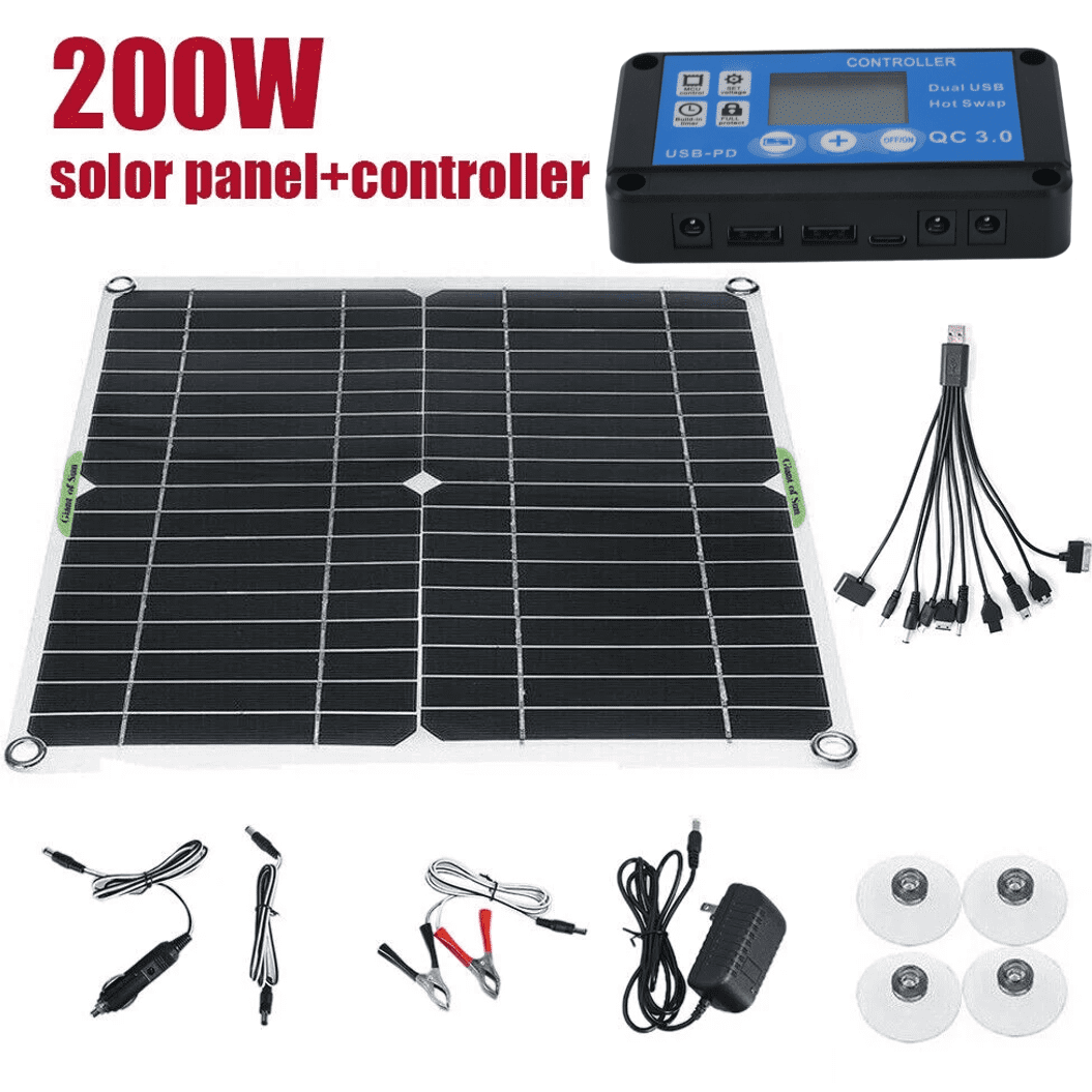 200W Solar Panel Kit, 18V 100A Solar Charge Controller Dual USB Outputs Portable Waterproof Solar Panel Set for Boat Camping Motorcycle Home Outdoor Lights RV Camera Generators
