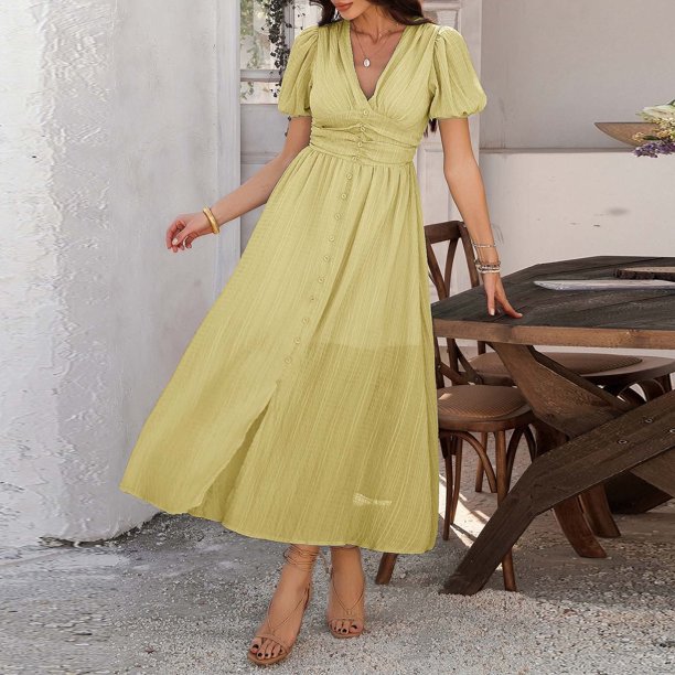 WILLBEST Vestidos De Verano Ocio Viajes Vacaciones Estilo Cuello En V Cintura Alta Manga Corta Vestido Dividido Mujer Cinco ¡Descripción!