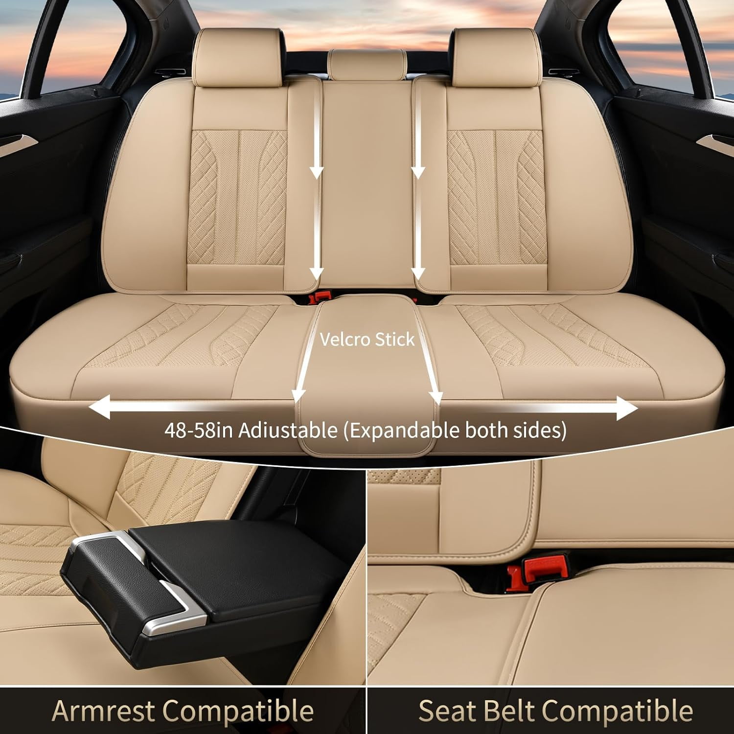 FLORICH Full Set Car Seat Covers, Premium Faux Leather Seat Protectors, Breathable Material Cushions Universal Fit for Most Cars, Beige