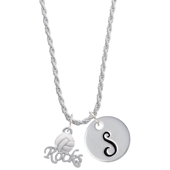 Delight Jewelry Silvertone Enamel Volleyball ''Rocks'' Silvertone Script Initial Disc - S - Charm Necklace, 20"+3"