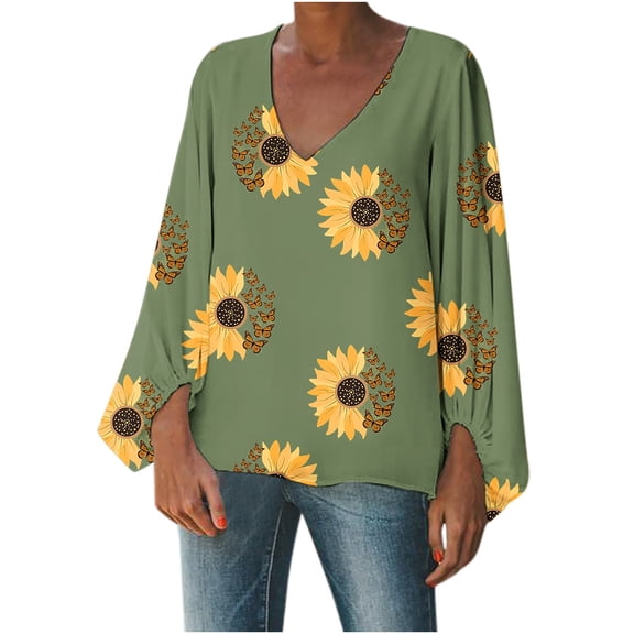 USSUMA Long Sleeve Tops for Women Trendy Stylish Loose Fitting Graphic Long Puff Sleeve Dressy Shirts Blouses V Neck Women's Tops Fall Autumn Sunflower Printed Casual Tshirts Tunic Plus
