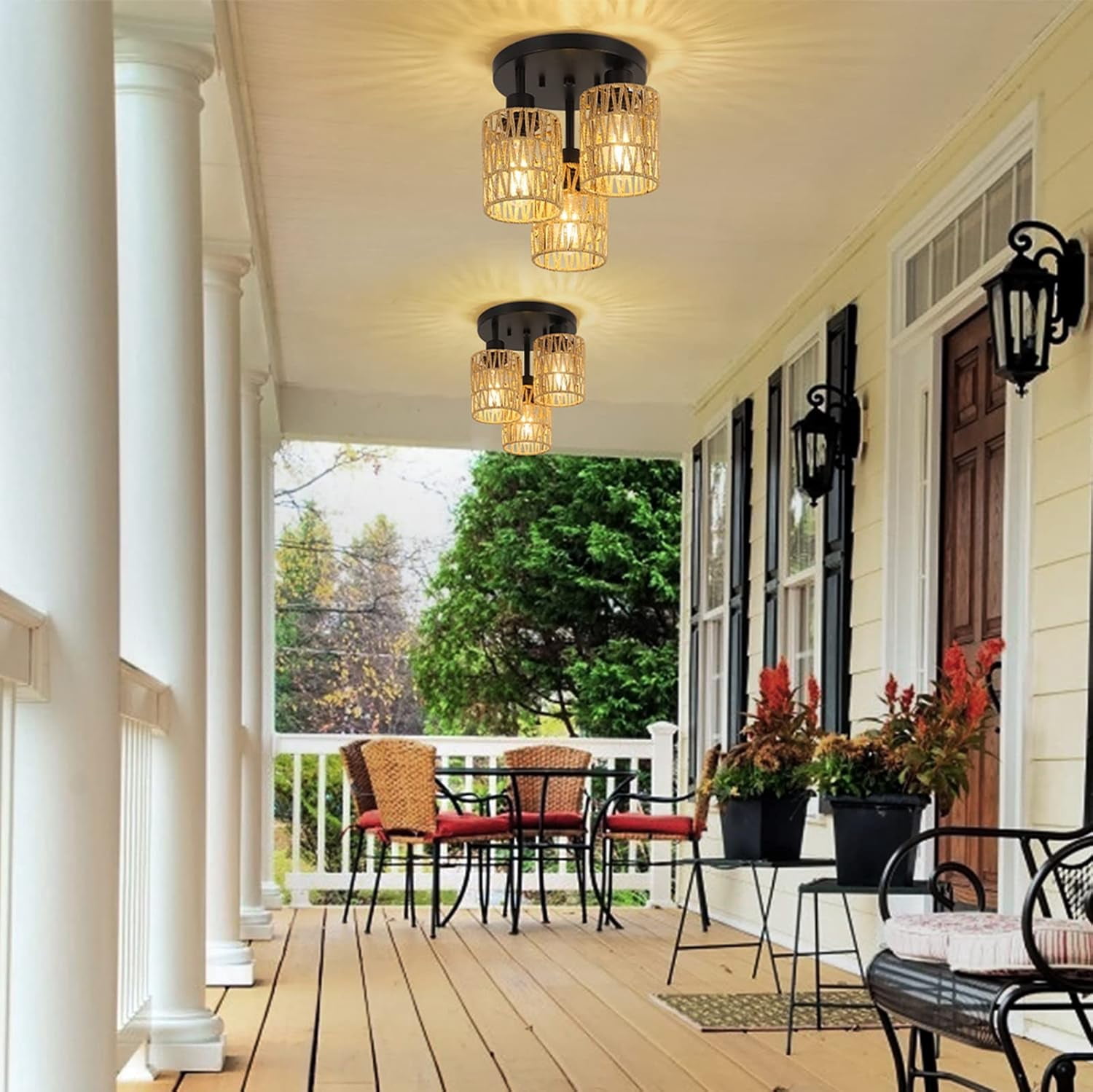 Table Lamp, Flush Mount, Brown Bedroom Lamp,Rattan+Metal LED Lamp, Lighting & Lamps