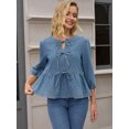 thumbnail image 2 of DARING DIVA Women's Denim Tie Front Puff Sleeve Ruffle Hem Peplum Blouses S Blue, 2 of 7