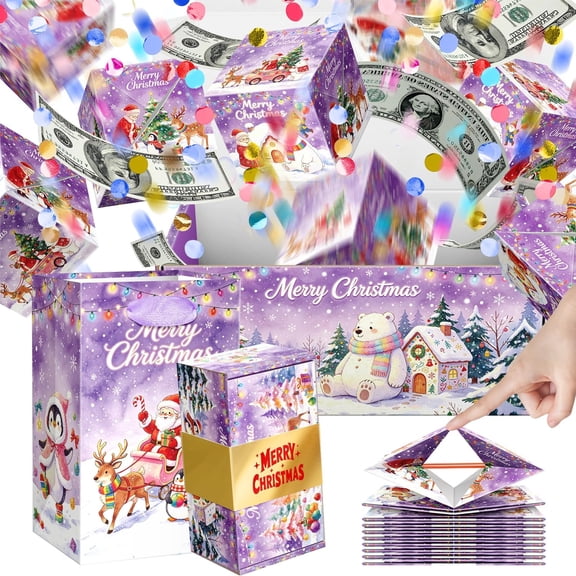 Christmas Surprise Explosion Gift Box for Money, 16 Pack Folding Bouncing Pop Up Cash Boxes with Gift Box and Gift Bag, Watercolor Holiday Gift Set for Christmas, Birthday, Anniversary