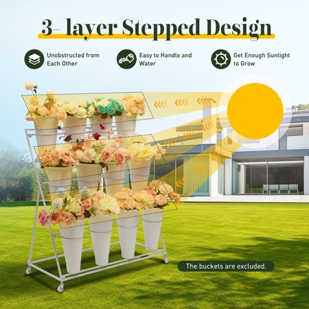 12Pcs Round Buckets 3 Layers Metal White Plant Stand W/ Wheels