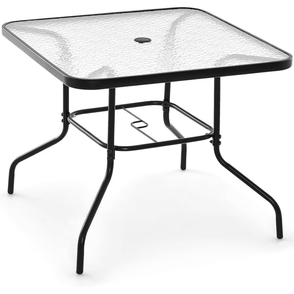 34 Inch Outdoor Dining Table, Square Tempered Glass Table w/ 1.5” Umbrella Hole, Rustproof Metal Frame, Patio Dining Table for Balcony, Porch, Garden