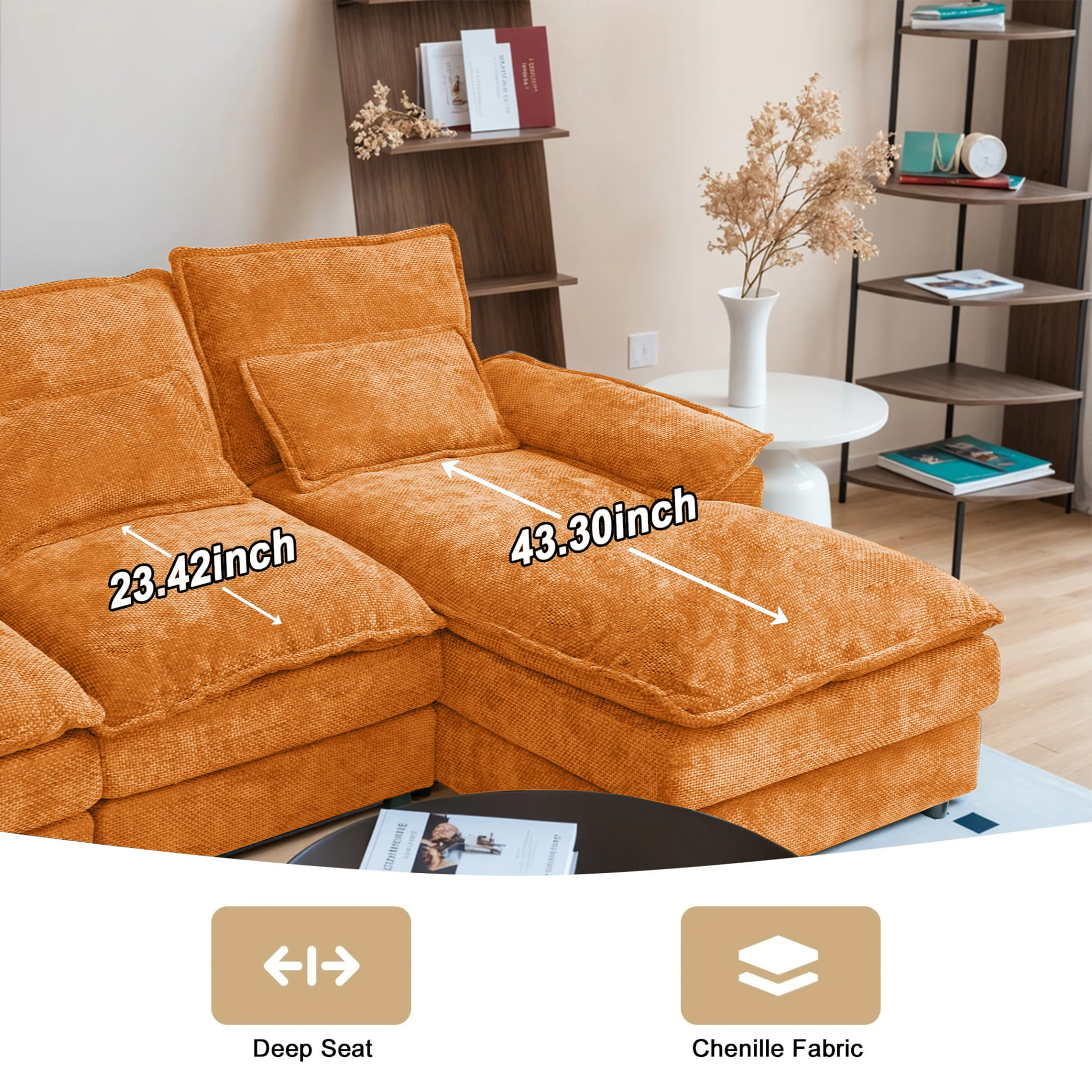 SOULART 110" Cloud Sofa,Orange U shaped Sectional couches for living room, modular couch with Chaise