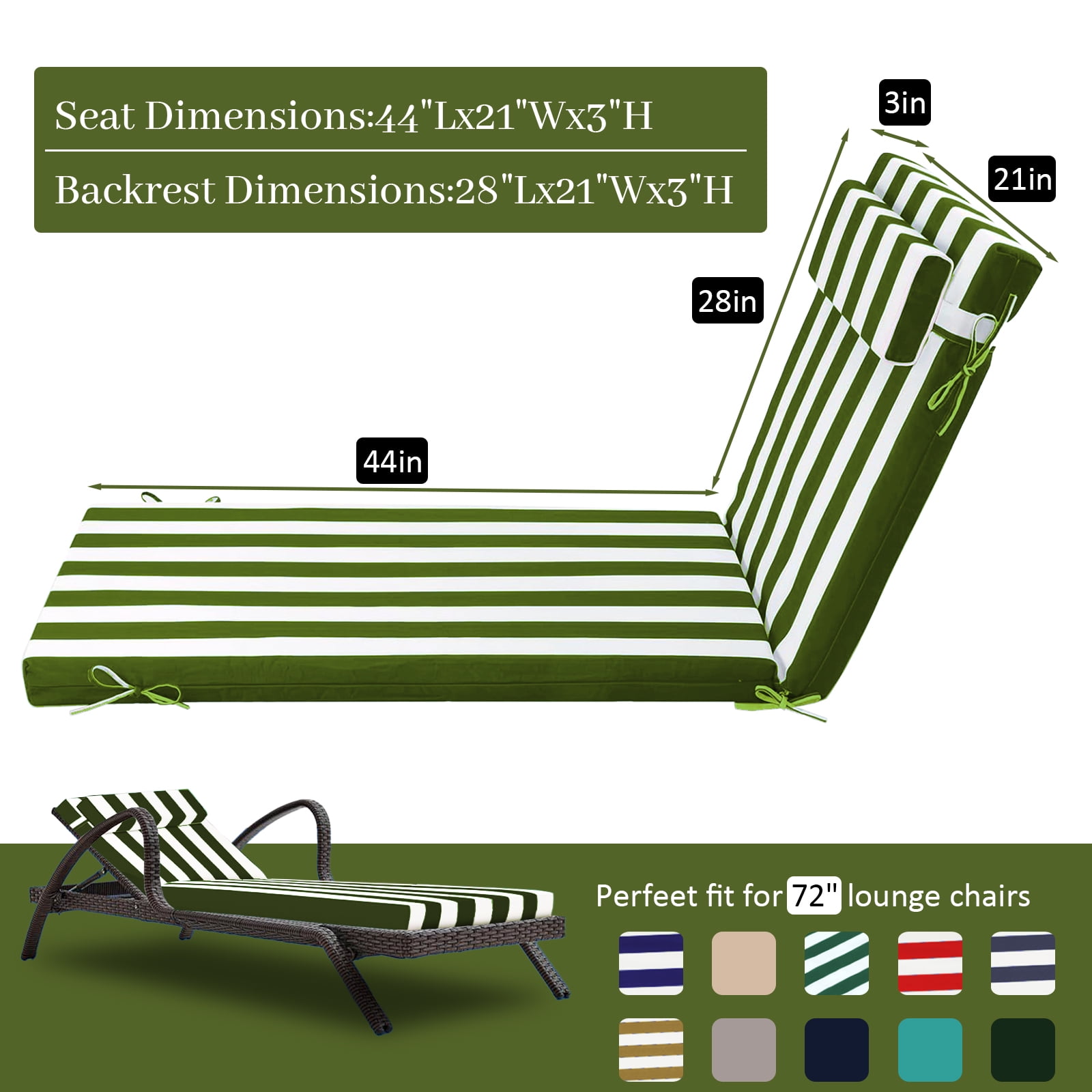 Outdoor Chaise Lounge Cushion, High-Density Foam Fill Patio Furniture Bench Cushions with Ties, Thicken Waterproof Replacement Back Chaise Cushions for Pool, Sand Beach (Grass Green White Stripes)