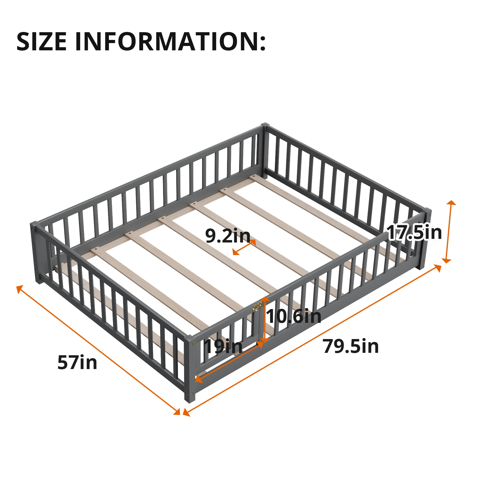 Full Floor Bed Frame for Toddler, Montessori Floor Bed with Fence and Wood Slats, Low Wood Platform Beds for Girls Boys Kids Happy Time, Gray