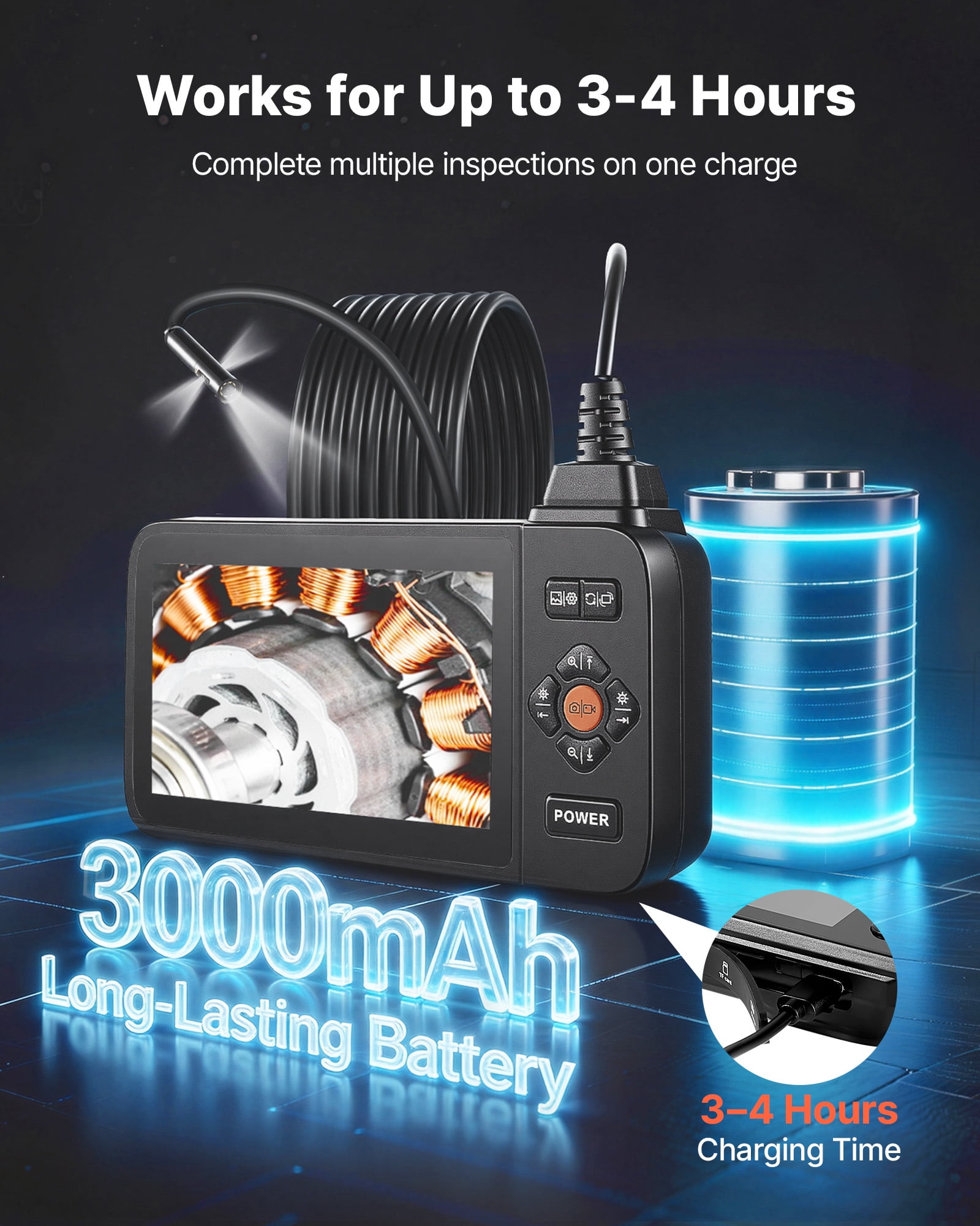VEVOR Triple Lens Endoscope with Light, 4.5" HD IPS Screen Industrial Borescope Camera, 8 + 2 Lights, 8X Zoom, IP67 Waterproof Inspection Snake Camera for Automotive, Plumbing (16.4FT Rigid Cable)