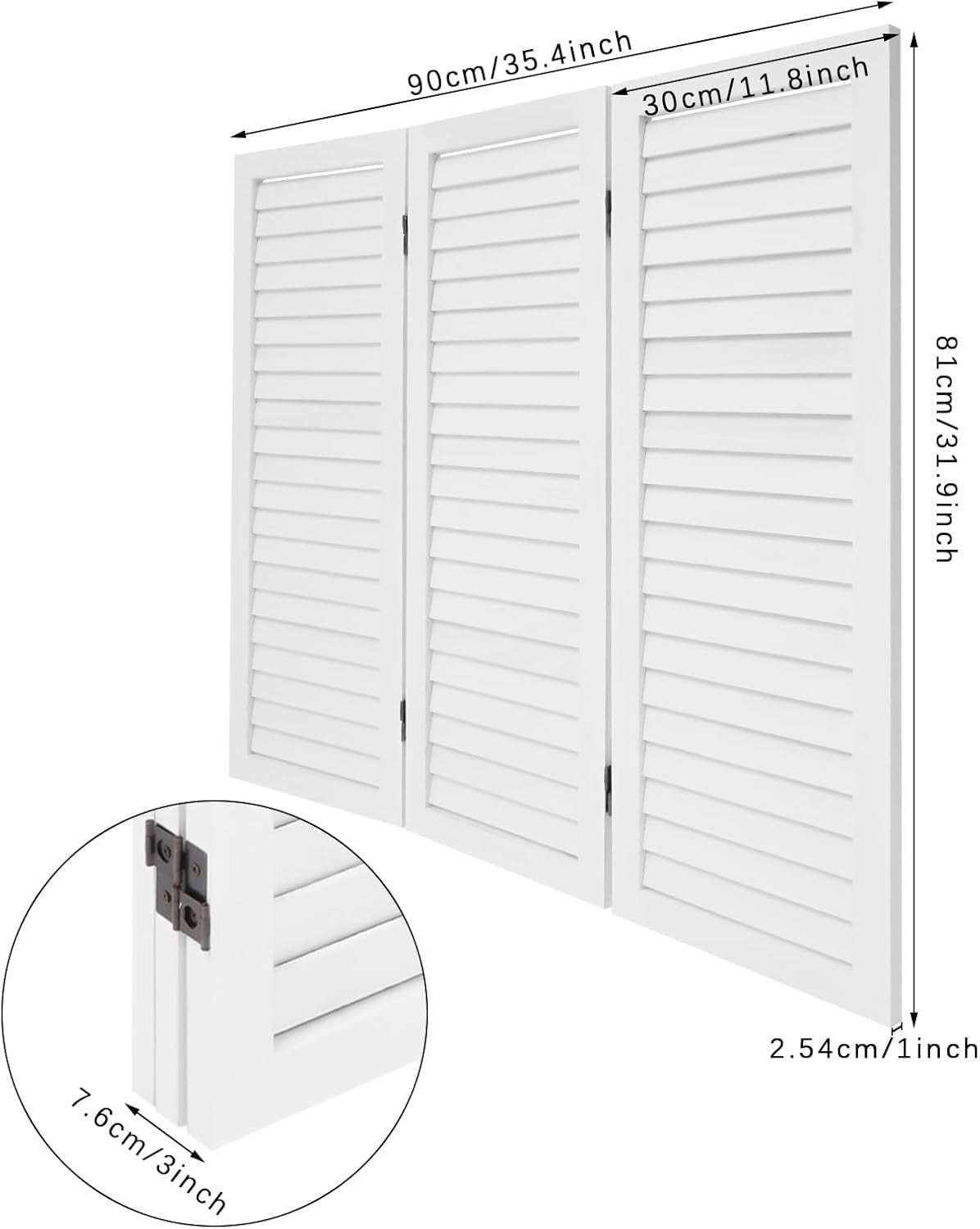3 Panel Room Divider Screen, Freestanding Folding Wood Room Partition, 2.6ft Tall Shutters Privacy Partition, Foldable Divider for Room Separation for Home, Bedroom, Office, Living Room (White)